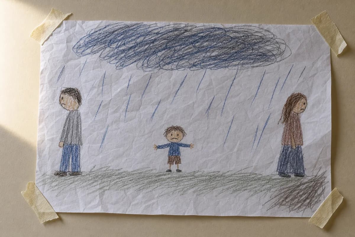 아이가 크레용으로 그린 그림. 먹구름 아래 서로 떨어져 등 돌린 부모와 가운데 혼자 서 있는 아이