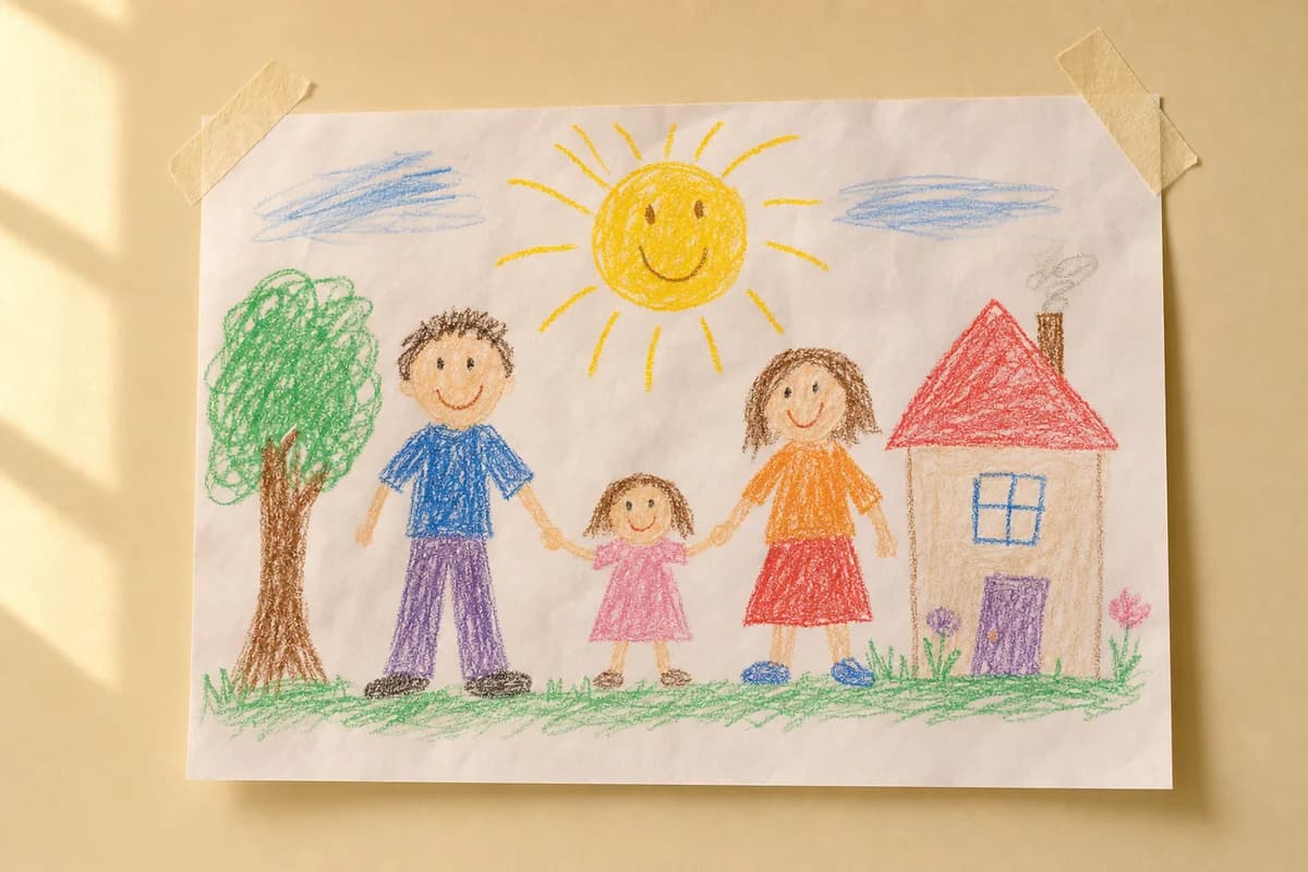 아이가 크레용으로 그린 그림. 해 아래에서 손을 잡고 웃는 세 식구
