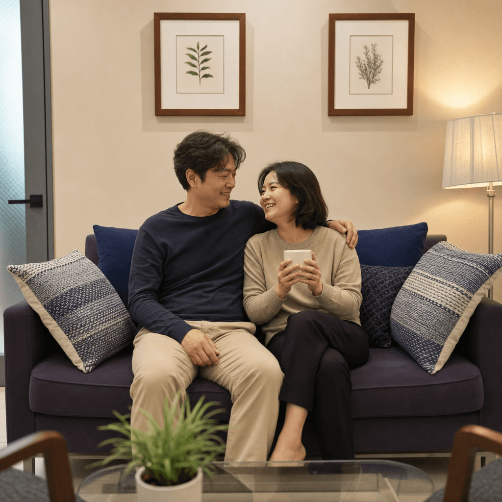 거실 소파에서 차를 들고 웃는 부부
