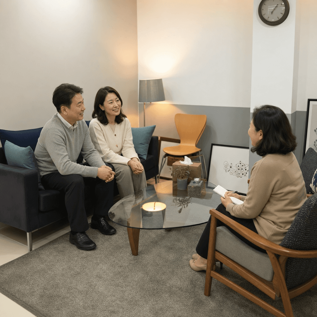 상담실에서 상담사와 마주 앉아 이야기를 나누는 부부