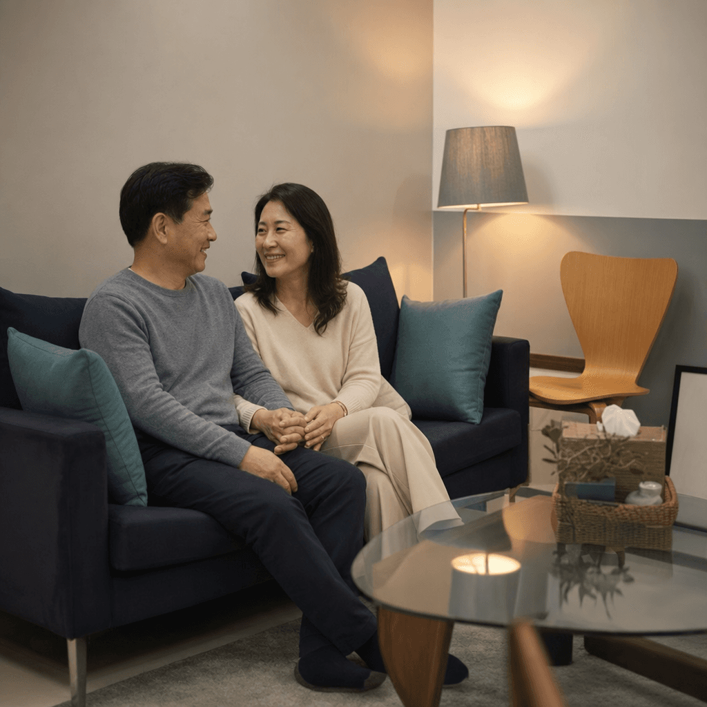 소파에 앉아 손을 잡고 마주 보는 중년 부부