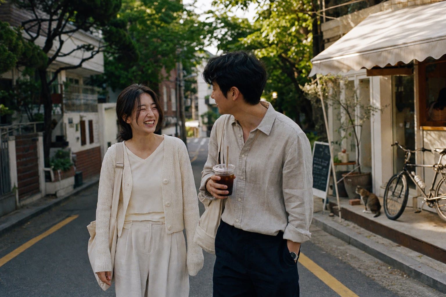 주말 오후 골목길을 나란히 걸으며 웃는 커플