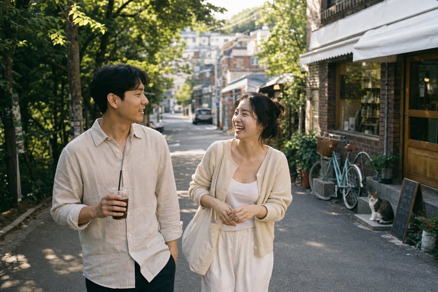 주말 오후 카페 골목을 걸으며 마주 보고 웃는 커플