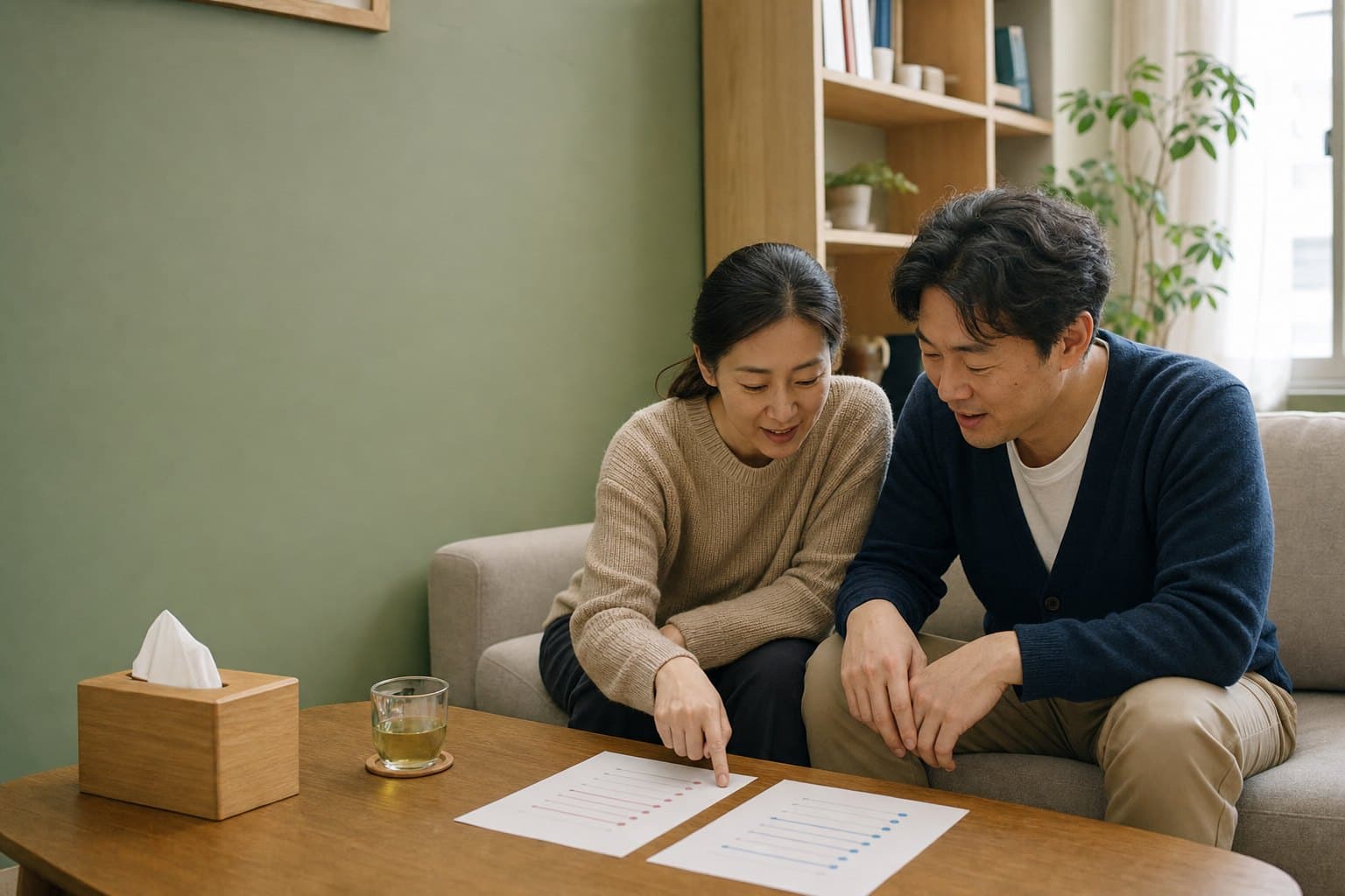상담실 탁자 위 두 장의 검사 결과지를 함께 보는 두 사람