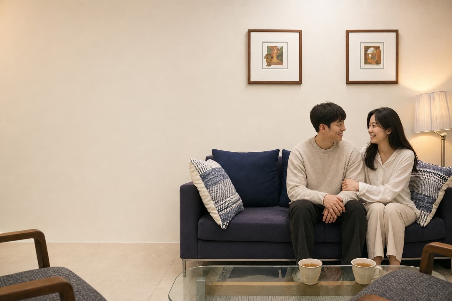 소파에 나란히 앉아 서로를 바라보는 젊은 커플