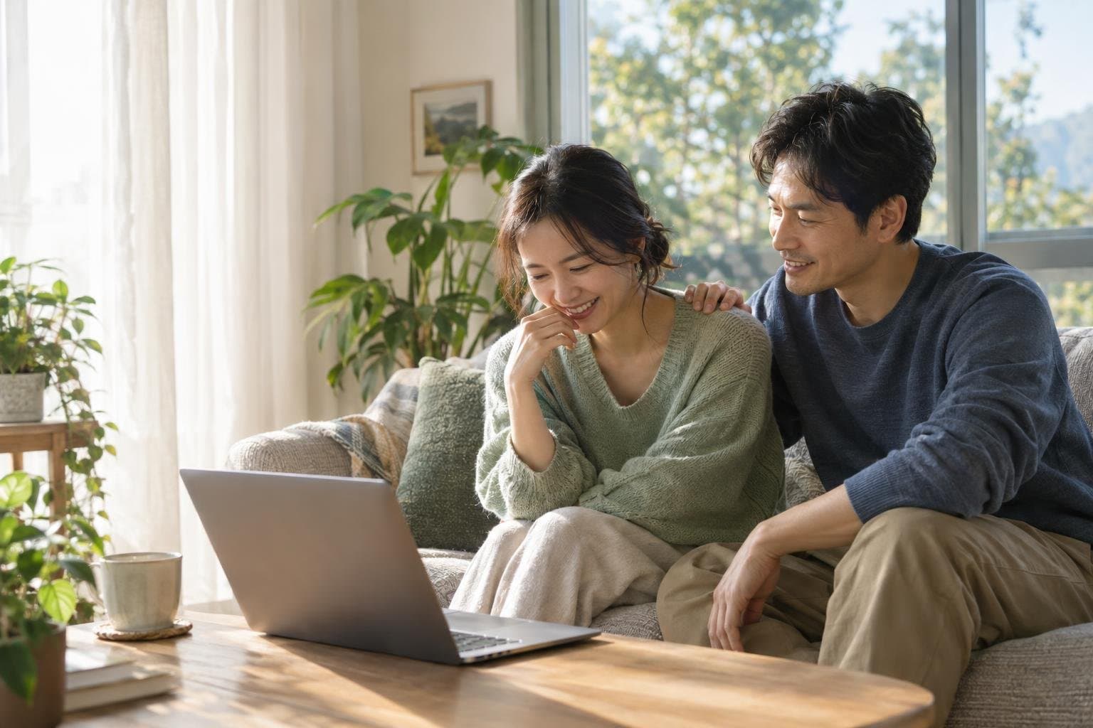 햇살 드는 거실에서 노트북으로 화상 상담을 하며 웃는 부부