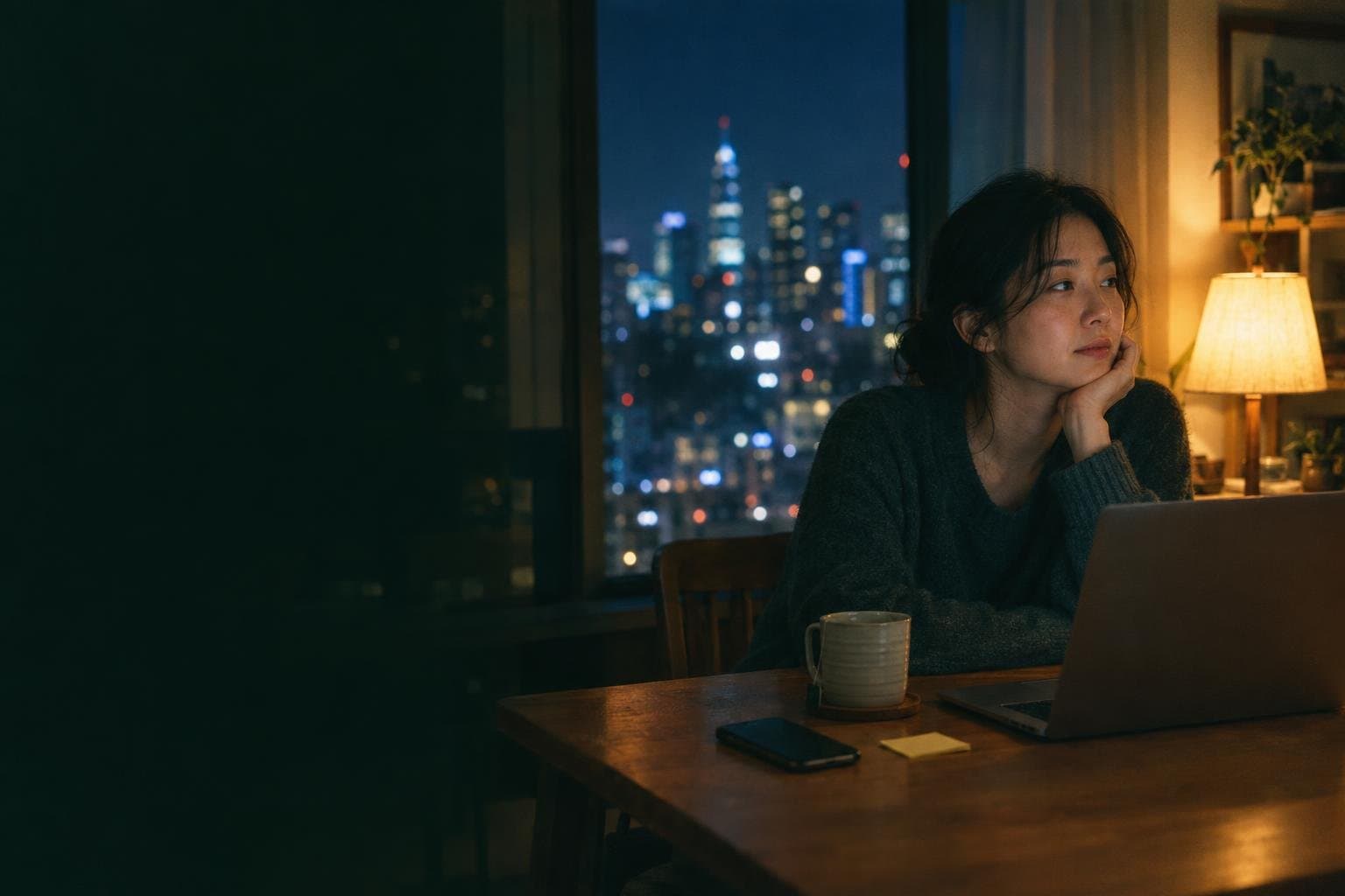 해외의 밤, 노트북 앞에 앉아 창밖을 바라보는 여성