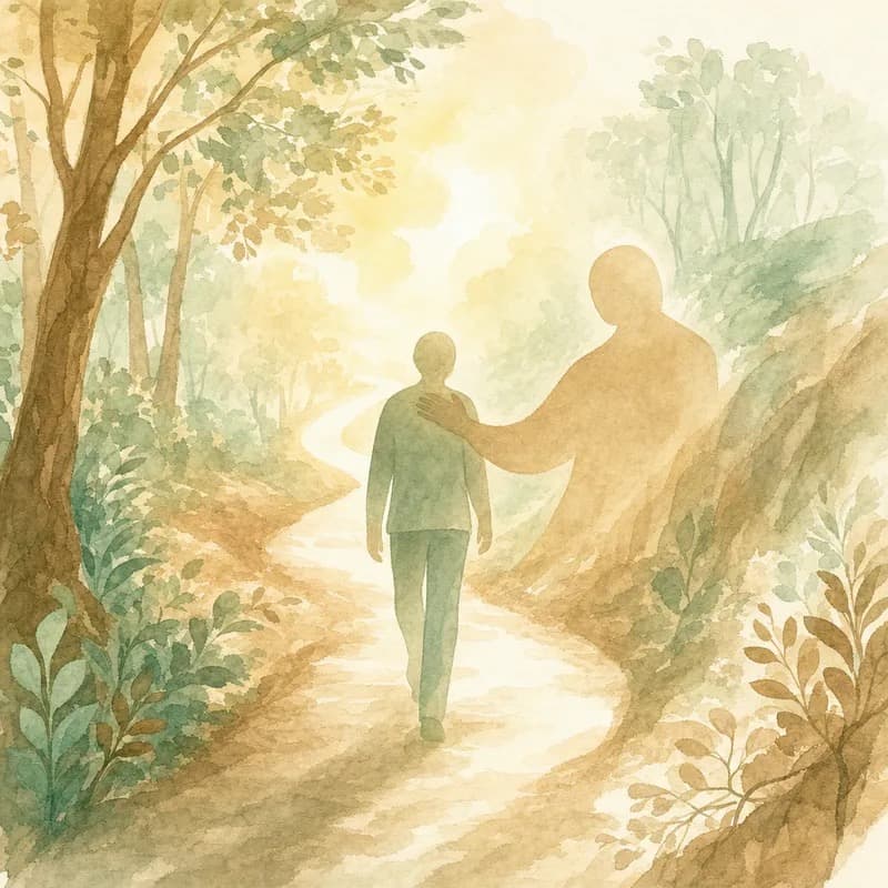 숲 속 길을 따라 걸어가는 사람 실루엣 일러스트